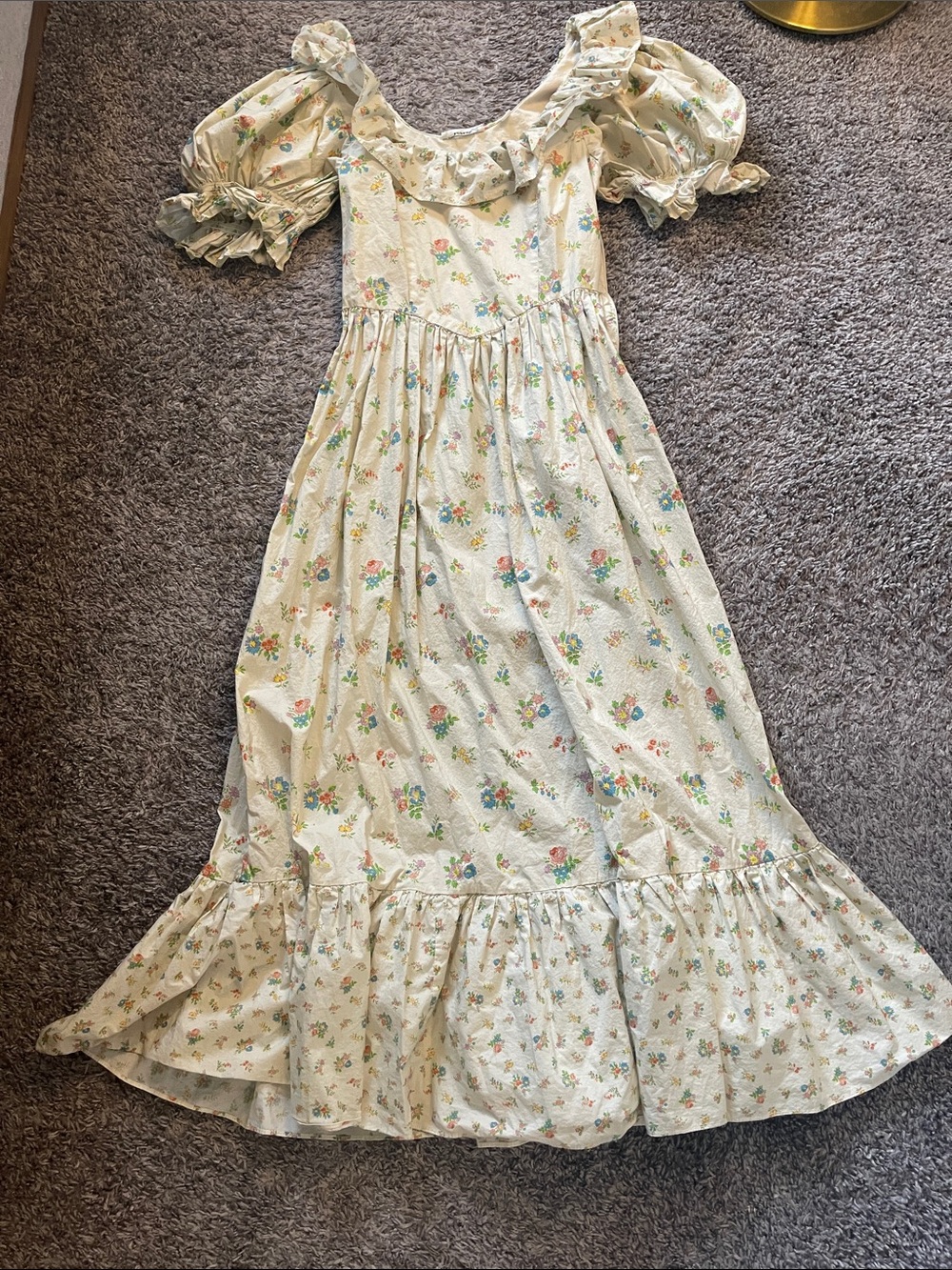 Cream Floral Ruffle Maxi Dress with Puff Sleeves
